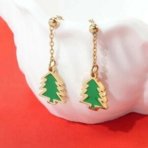 Christmas Tree Dangle Earrings Gold Tone Stainless Steel Festive Holiday Jewelry
